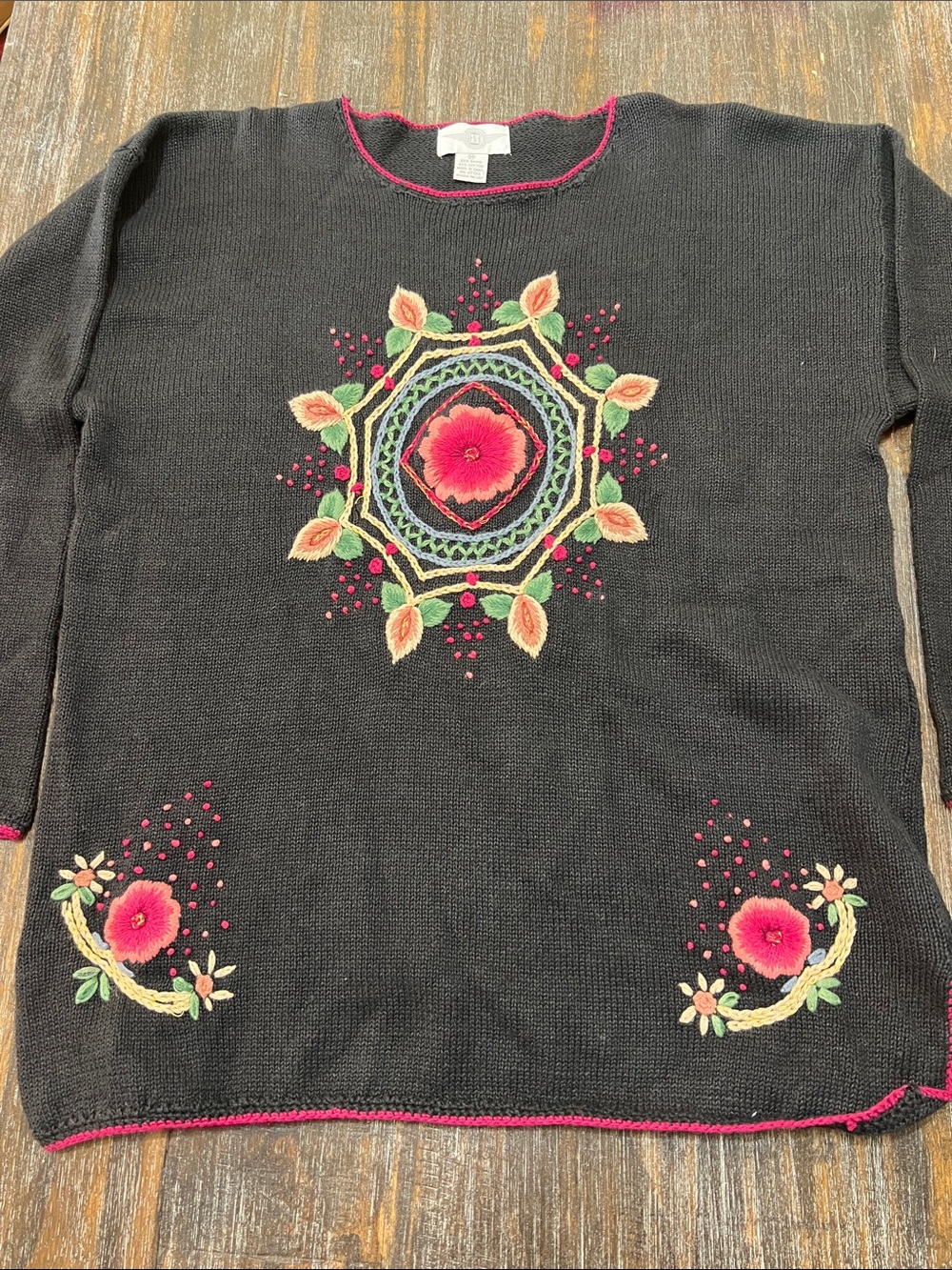 Black Women's Embroidered Floral Sweater - Pink Detail